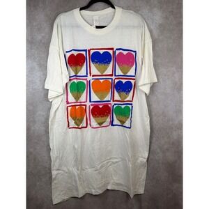 NWT VTG 90's White Heart Graphic Sleep Tee Multi Color Gold Metallic Womens OSFM
